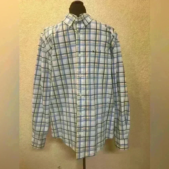 Tommy Hilfiger Men’s Blue Yellow Plaid Button‎ Down Oxford Dress Shirt L - Picture 1 of 9